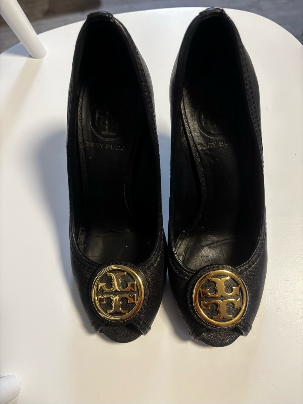 Tory Burch Black Leather Logo Toe Wedges with Gold Emblem